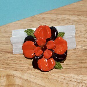 Vintage Orange & Green Enamel Flower Brooch Metal Floral Pin